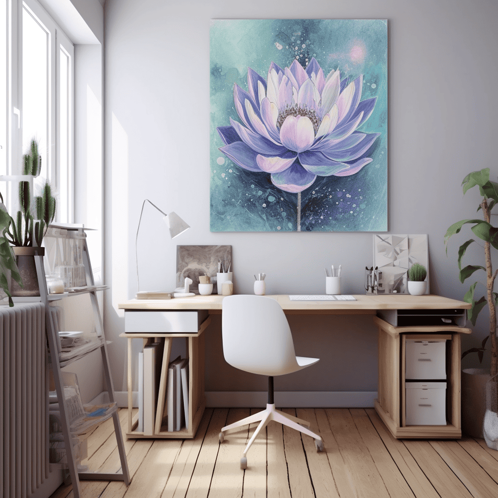 contemporary office with lotus painting